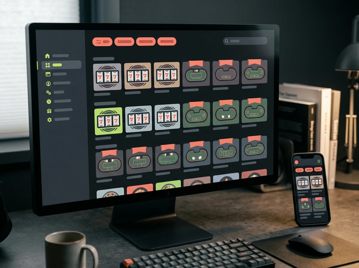 Desktop screen with rows of casino game tiles beside a phone
