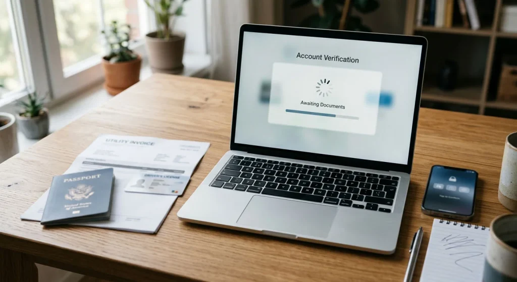 Identity documents, smartphone and laptop arranged on a desk