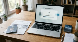 Identity documents, smartphone and laptop arranged on a desk