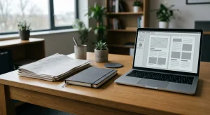 Regulatory documents and a laptop on a desk