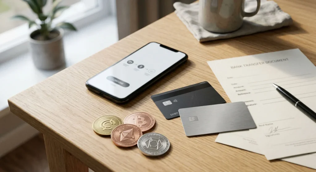 Phone, payment cards and cryptocurrency symbols arranged on a desk